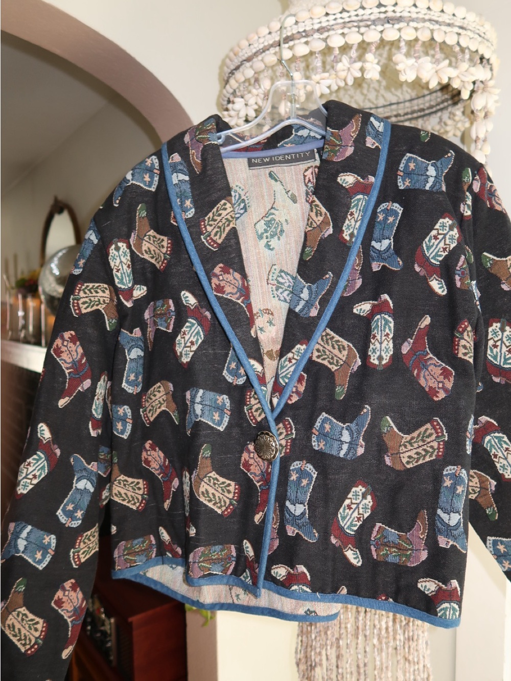 Vintage Women's Black Southwestern Cowboy Boot Print Jacket - Blue Denim Trim
